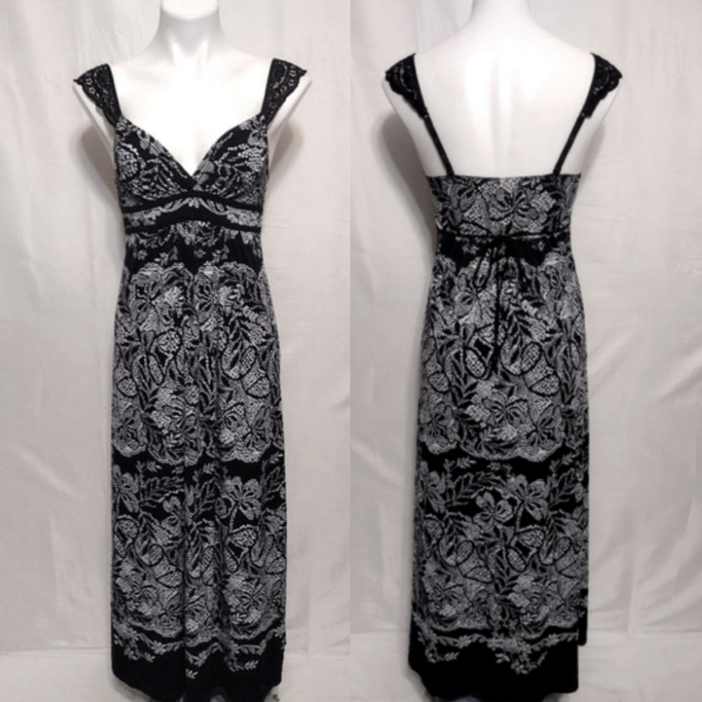 In Bloom Black White Floral Maxi Dress Small Lace Crochet Straps Boho Resort